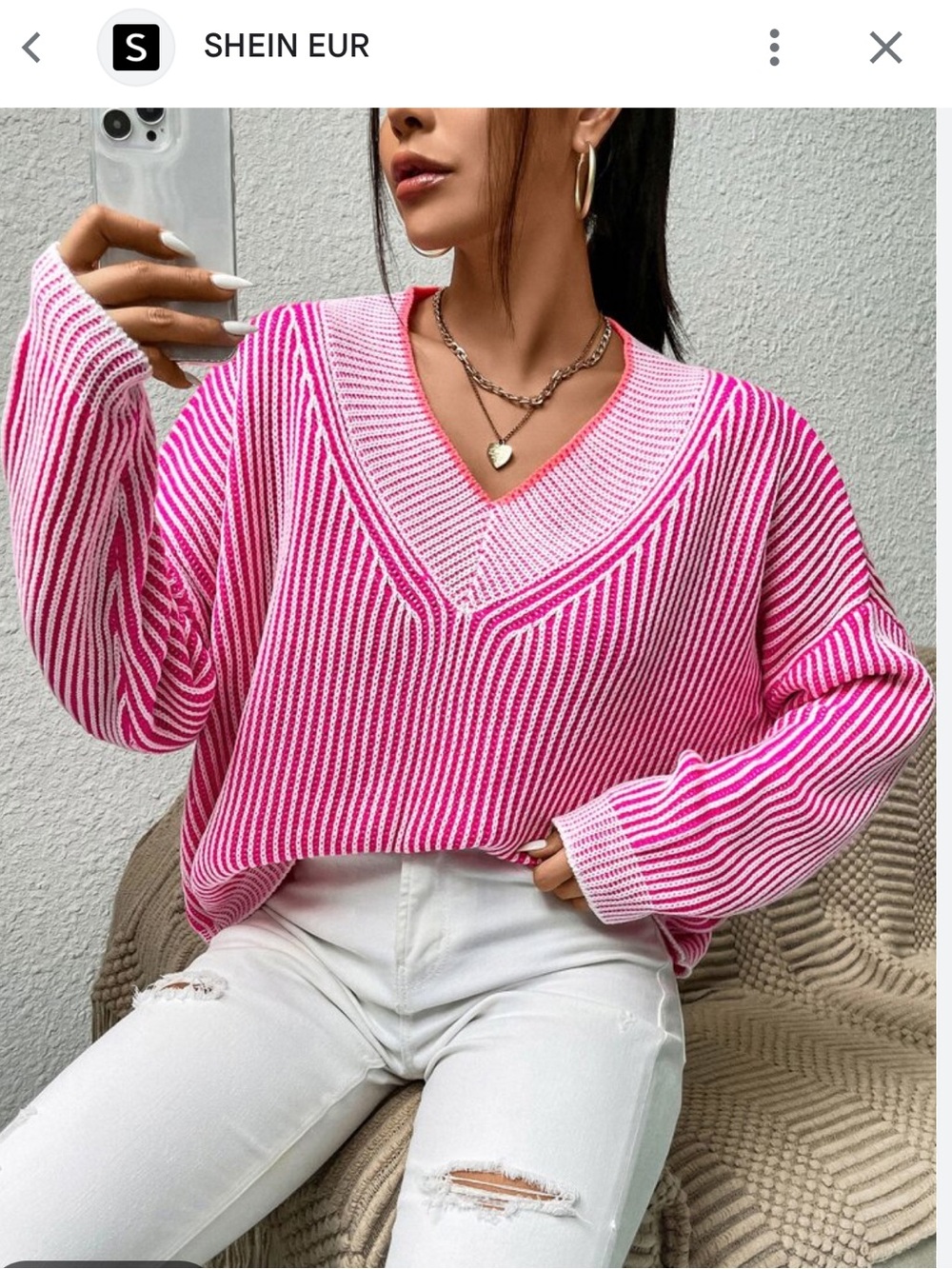 SHEIN Hot Pink Striped V-Neck Drop Shoulder Sweater - Picture 2 of 6